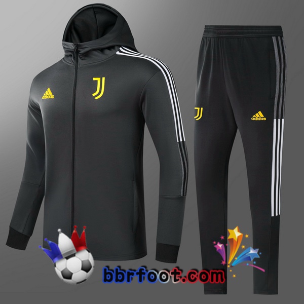 Veste A Capuche Survetement Foot Juventus Enfant Gris Noir 21/22