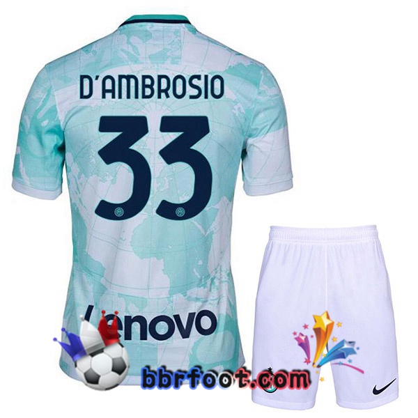 Maillot Foot Inter Milan (D'AMBROSIO 33) Enfant Exterieur Blanc Vert 2022/2023 Maillot Foot Inter Milan (D'AMBROSIO 33) Enfant Exterieur Blanc Vert 2022/2023