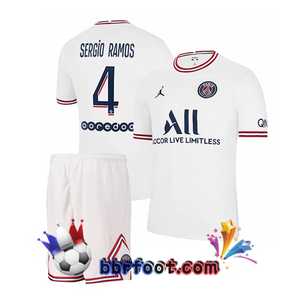 Maillot Foot Jordan Paris PSG (Sergio Ramos 4) Enfant Quatrieme Blanc 21/22