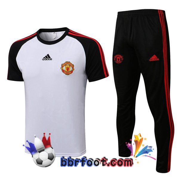 Ensemble Training T-Shirts Manchester United + Pantalon Blanc Noir 21/22