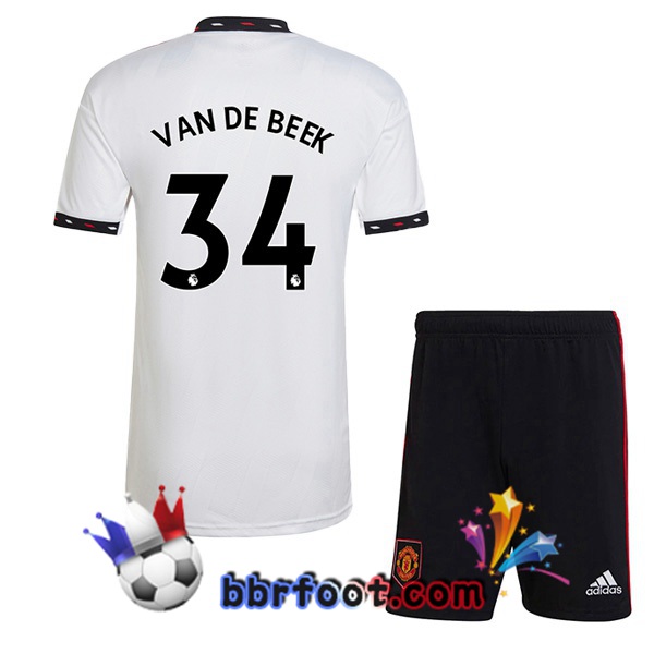 Maillot Foot Manchester United (VAN DE BEEK 34) Enfant Exterieur Blanc 2022/2023