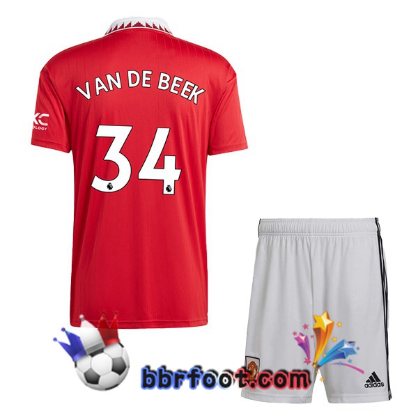 Maillot Foot Manchester United (VAN DE BEEK 34) Enfant Domicile Rouge 2022/2023