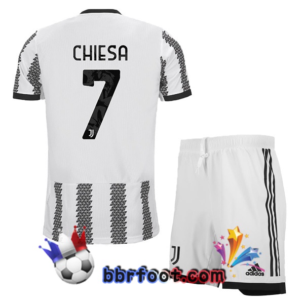 Maillot Foot Juventus (CHIESA 7) Enfant Domicile Blanc Noir 2022/2023