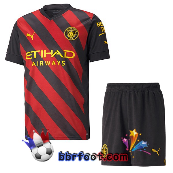 Maillot Foot Manchester City Enfant Exterieur Rouge Noir 2022/2023