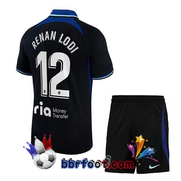 Maillot Foot Atletico Madrid (Renan Lodi 12) Enfant Exterieur Noir 2022/2023