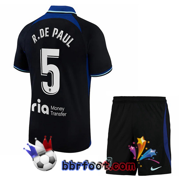 Maillot Foot Atletico Madrid (R. De Paul 5) Enfant Exterieur Noir 2022/2023
