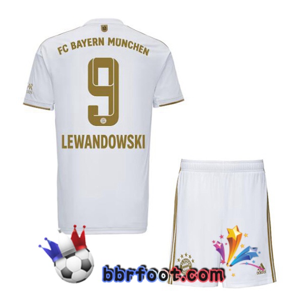 Maillot Foot Bayern Munich (Lewandowski 9) Enfant Exterieur Blanc 2022/2023