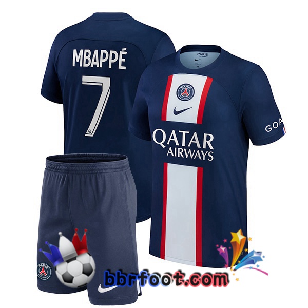 Maillot Foot Paris PSG (Mbappé 7) Enfant Domicile Bleu Royal 2022/2023