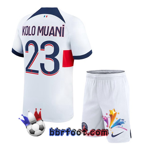 Maillot Foot Paris PSG (Kolo Muani 23) Enfant Exterieur Blanc 2023/2024
