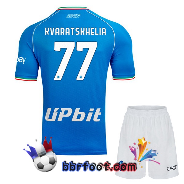 Maillot Foot SSC Naples (Khvicha Kvaratskhelia 77) Enfant Domicile Bleu 2023/2024