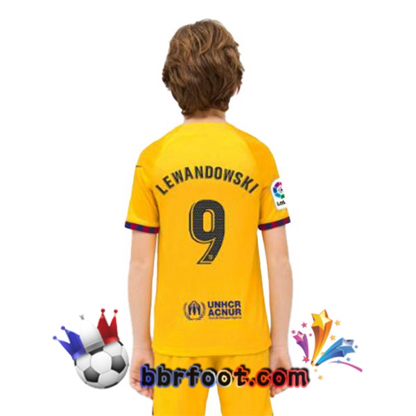 Maillot Foot FC Barcelone (LEWANDOWSKI 9) Enfant Quatrieme Jaune 2022/2023