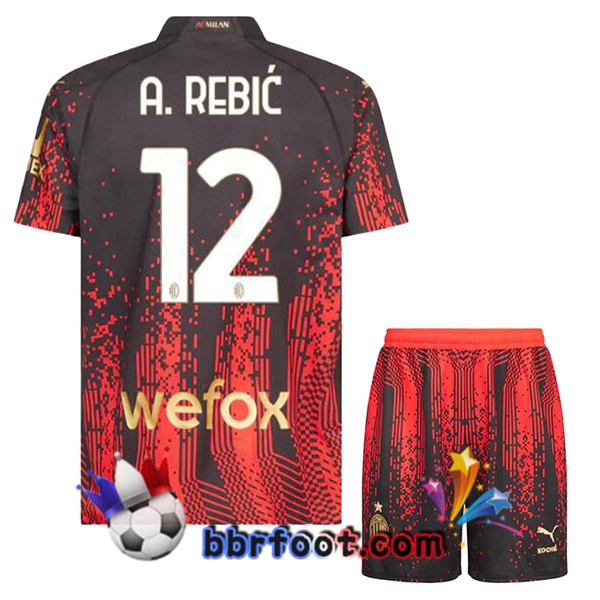 Maillot Foot AC Milan (A. REBIĆ 12) Enfant Quatrieme Rouge Noir 2022/2023