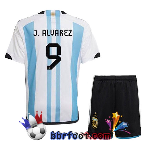 3 Étoiles Maillots Equipe De Argentine (J. ALVAREZ 9) Enfant Domicile Bleu Blanc 2022/2023