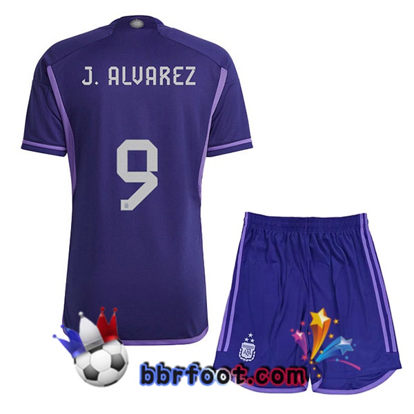 3 Étoiles Maillots Equipe De Argentine (J. ALVAREZ 9) Enfant Exterieur Pourpre 2022/2023