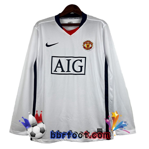 Maillot Foot Manchester United Retro Exterieur Manche longue Blanc 2007-2008