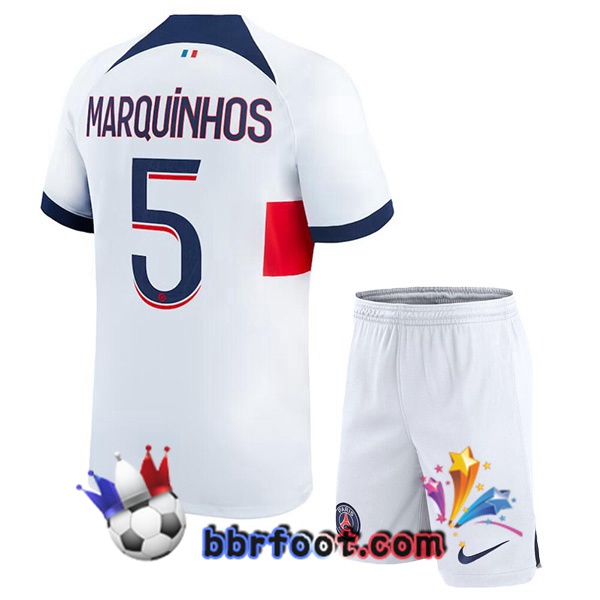 Maillot Foot Paris PSG (Marquinhos 5) Enfant Exterieur Blanc 2023/2024