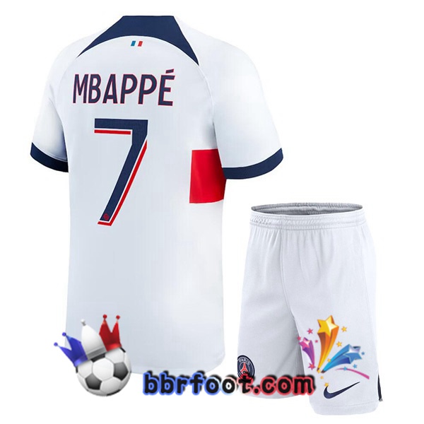 Maillot Foot Paris PSG (Mbappé 7) Enfant Exterieur Blanc 2023/2024