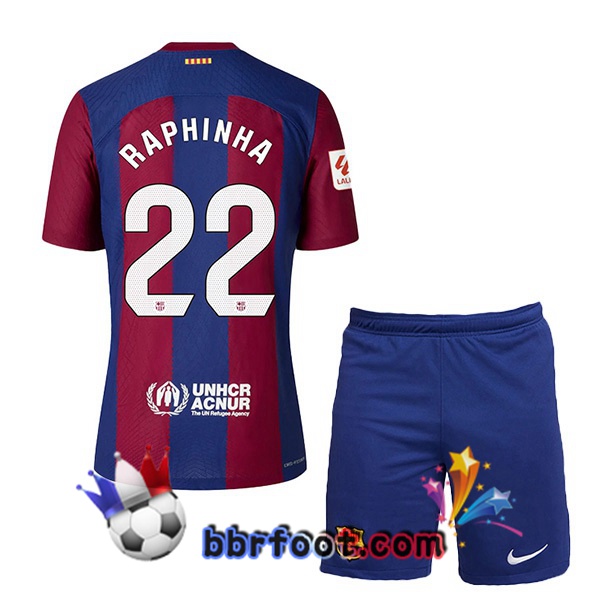 Maillot Foot FC Barcelone (RAPHINHA 22) Enfant Domicile Bleu Rouge 2023/2024
