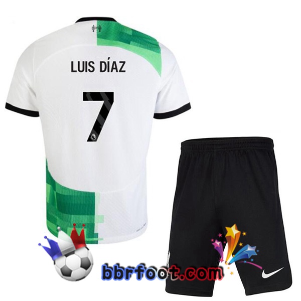 Maillot Foot FC Liverpool (LUIS DÍAZ 7) Enfant Exterieur Blanc Vert 2023/2024