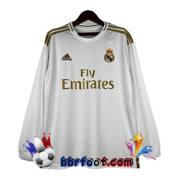 Maillot de Foot Real Madrid Retro Domicile Manche Longue Blanc 2019-2020