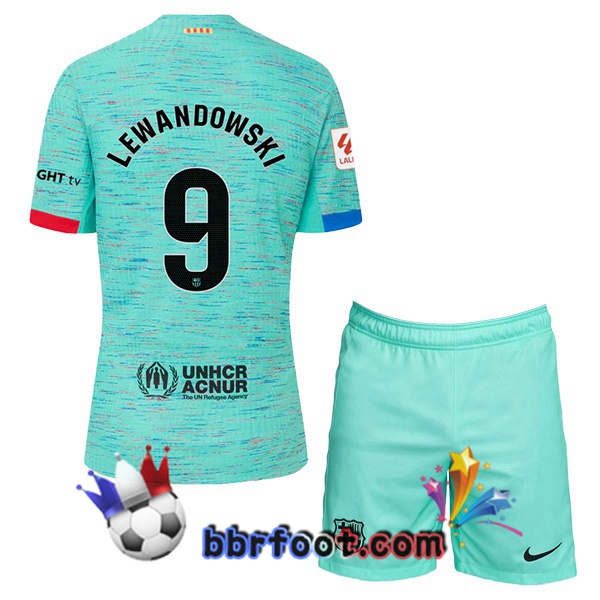 Maillot Foot FC Barcelone (LEWANDOWSKI 9) Enfant Third Vert 2023/2024