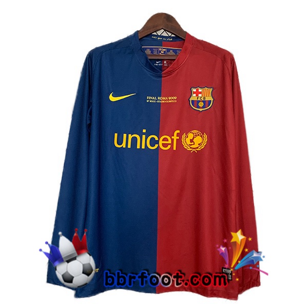Maillot Foot FC Barcelone Champions League Retro Domicile Manche Longue Rouge Bleu 2008-2009