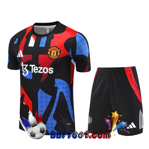 Ensemble Training T-Shirts Manchester United + Shorts Rouge Bleu Noir 2024/2025