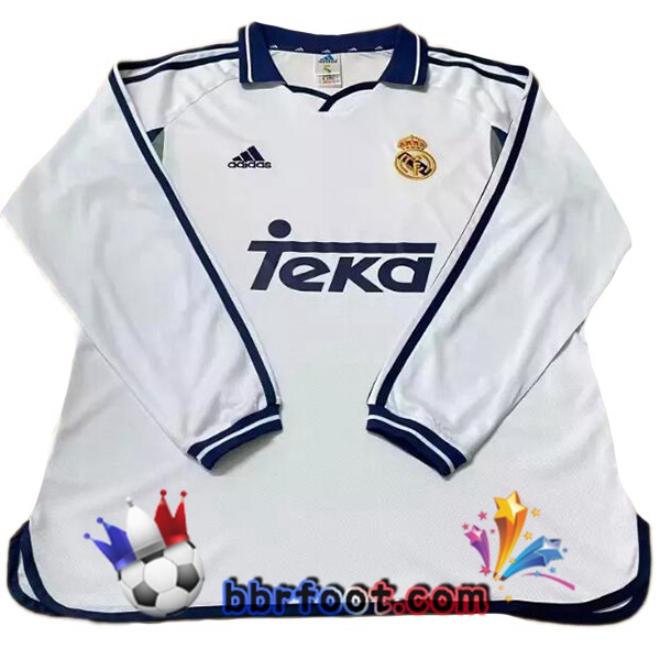Maillot Foot Real Madrid Retro Domicile Manche Longue Blanc 2000-2001