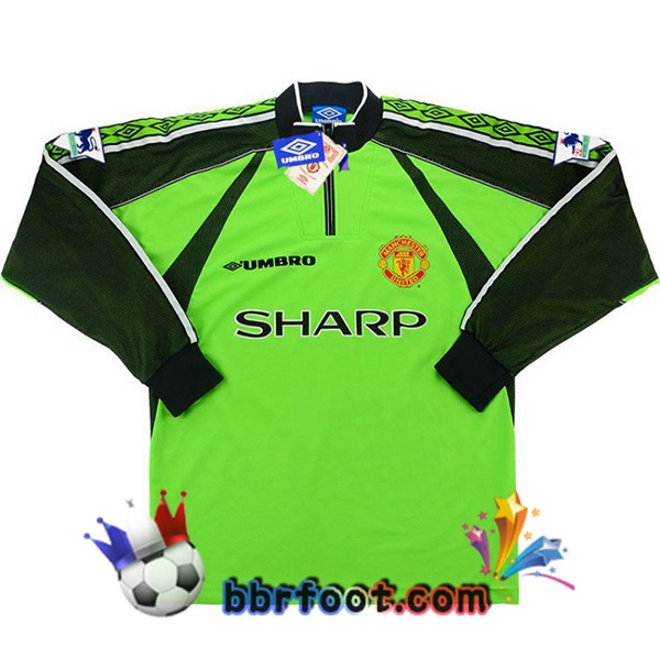 Maillot Foot Manchester United Retro Gardien de but Manche Longue Vert 1998-1999 Maillot Foot Manchester United Retro Gardien de but Manche Longue Vert 1998-1999
