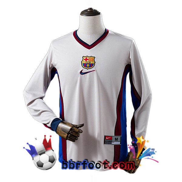 Maillot Foot FC Barcelone Retro Exterieur Manche Longue Blanc 1998-1999
