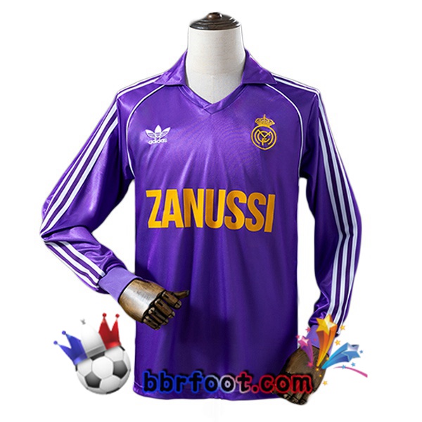 Maillot Foot Real Madrid Retro Exterieur Manche Longue Pourpre 1984-1985 Maillot Foot Real Madrid Retro Exterieur Manche Longue Pourpre 1984-1985