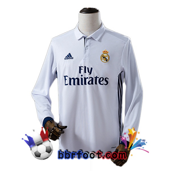Maillot Foot Real Madrid Retro Domicile Manche Longue Blanc 2016-2017