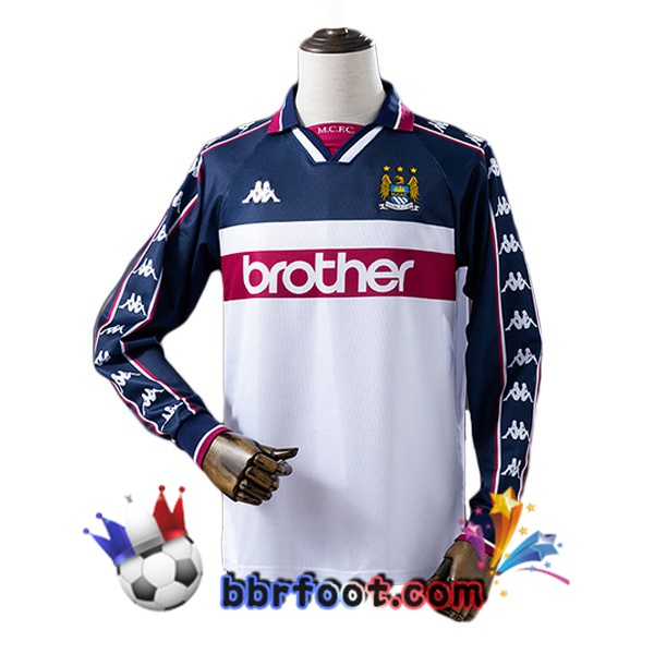 Maillot Foot Manchester City Retro Exterieur Manche Longue Blanc Bleu Royal 1997-1998 Maillot Foot Manchester City Retro Exterieur Manche Longue Blanc Bleu Royal 1997-1998