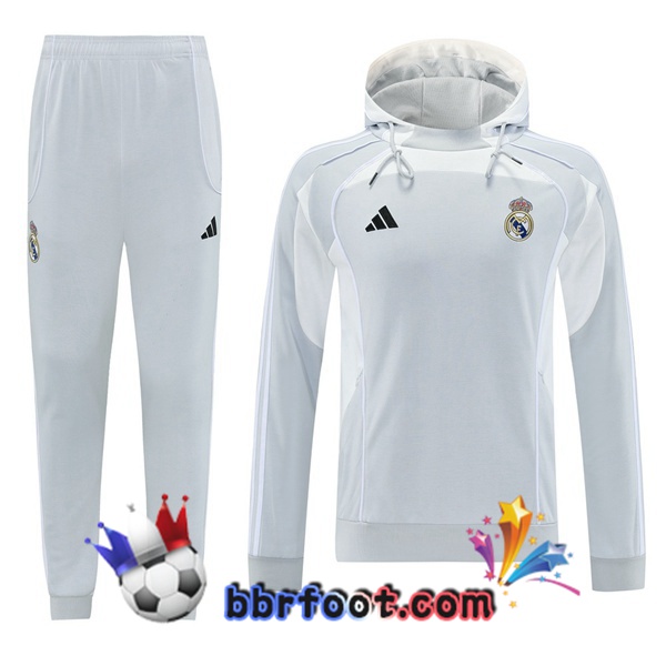 Survetement Foot - Sweat A Capuche Real Madrid Gris Blanc 2025/2026 Survetement Foot - Sweat A Capuche Real Madrid Gris Blanc 2025/2026