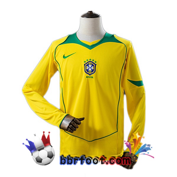 Maillot Foot Bresil Retro Domicile Manche Longue Jaune 2004 Maillot Foot Bresil Retro Domicile Manche Longue Jaune 2004