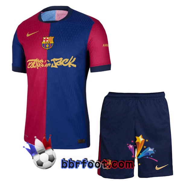 Maillot Foot FC Barcelone Enfant Domicile Travis Scott Bleu Royal Rouge 2024/2025