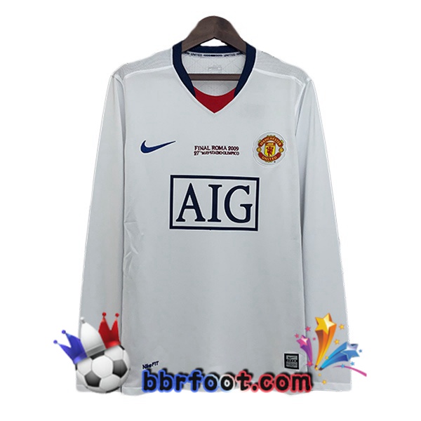 Maillot Foot Manchester United Retro Champions League Exterieur Manche Longue Blanc 2008-2009