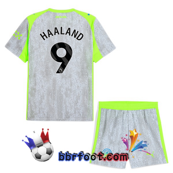 Maillot Foot Manchester City (Erling Haaland 9) Enfant Third Gris Vert 2025/2026 Maillot Foot Manchester City (Erling Haaland 9) Enfant Third Gris Vert 2025/2026