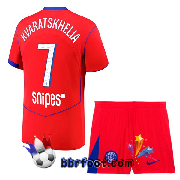 Maillot Foot Paris PSG (Kvaratskhelia 7) Enfant Third Rouge 2025/2026