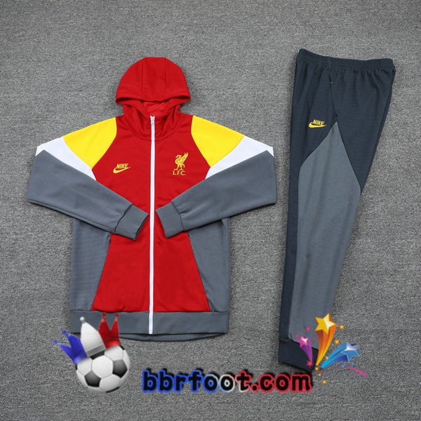 Veste A Capuche Survetement Foot FC Liverpool Rouge Blanc Jaune 21/22