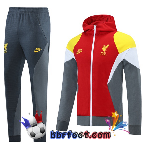 Veste A Capuche Survetement Foot FC Liverpool Rouge Blanc Jaune 21/22