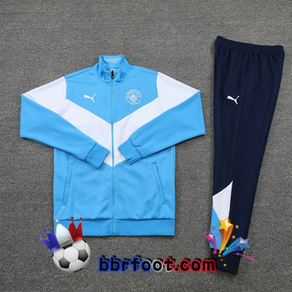 Veste Survetement Foot Manchester City Bleu Blanc 21/22