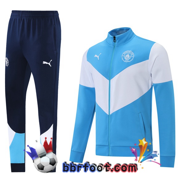 Veste Survetement Foot Manchester City Bleu Blanc 21/22