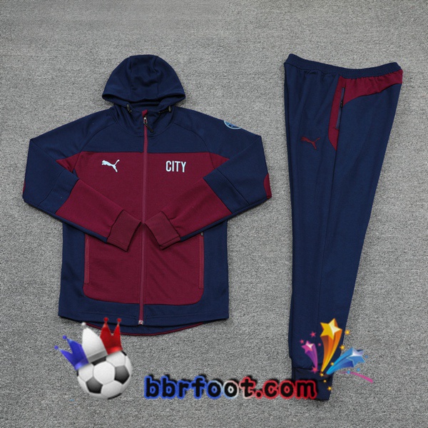 Veste A Capuche Survetement Foot Manchester City Rouge Bleu Royal 20/21