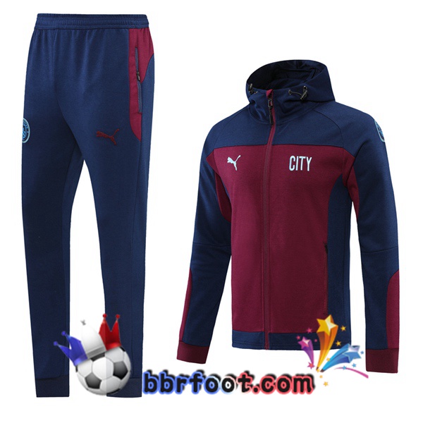 Veste A Capuche Survetement Foot Manchester City Rouge Bleu Royal 20/21