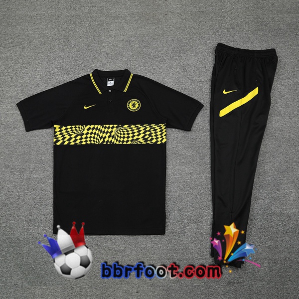 Polo Foot FC Chelsea + Pantalon Noir Jaune 21/22