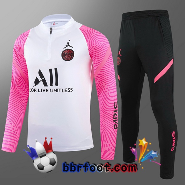 Ensemble Survetement de Foot Paris PSG Jordan Enfant Blanc Rose 20/21