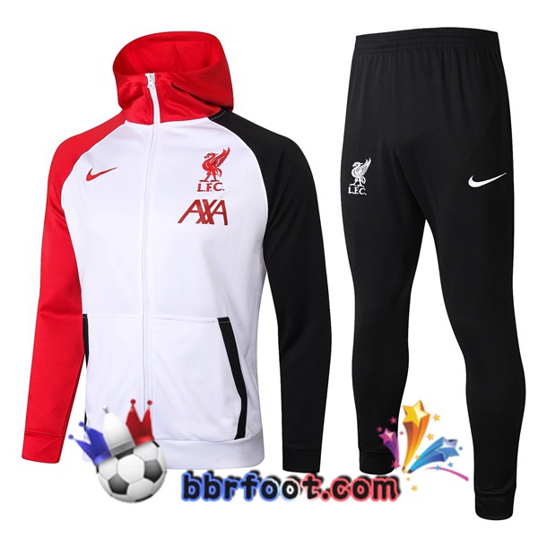Veste A Capuche Survetement Foot FC Liverpool Blanc Rouge Noir 20/21