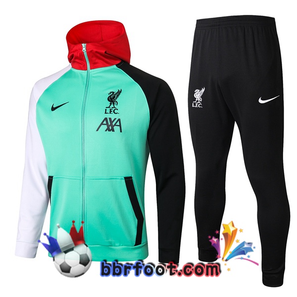 Veste A Capuche Survetement Foot FC Liverpool Vert Blanc Rouge Noir 20/21