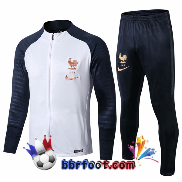 Veste Survetement Foot France Blanc Bleu Fonce 19/20